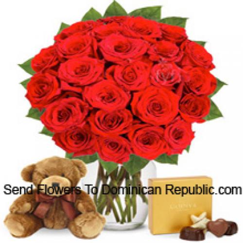 30 Roses rouges avec chocolats importés et un ours en peluche