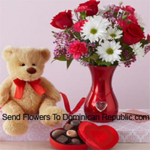 Roses et Gerberas avec un mignon ours en peluche et des chocolats