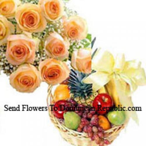 12 Orange Roses with 3 Kg Fruits