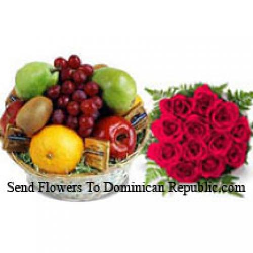 12 Roses Rouges avec 5 kg de Fruits Frais