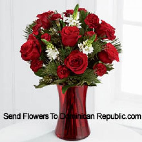 Roses and Assorted Greenery in Red Vase